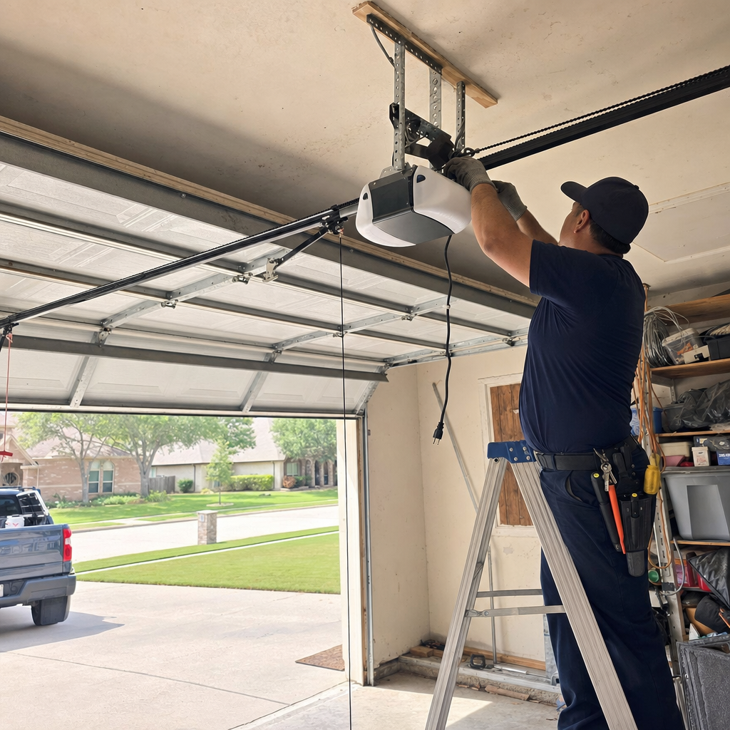 Technician performing garage door opener installation and maintenance